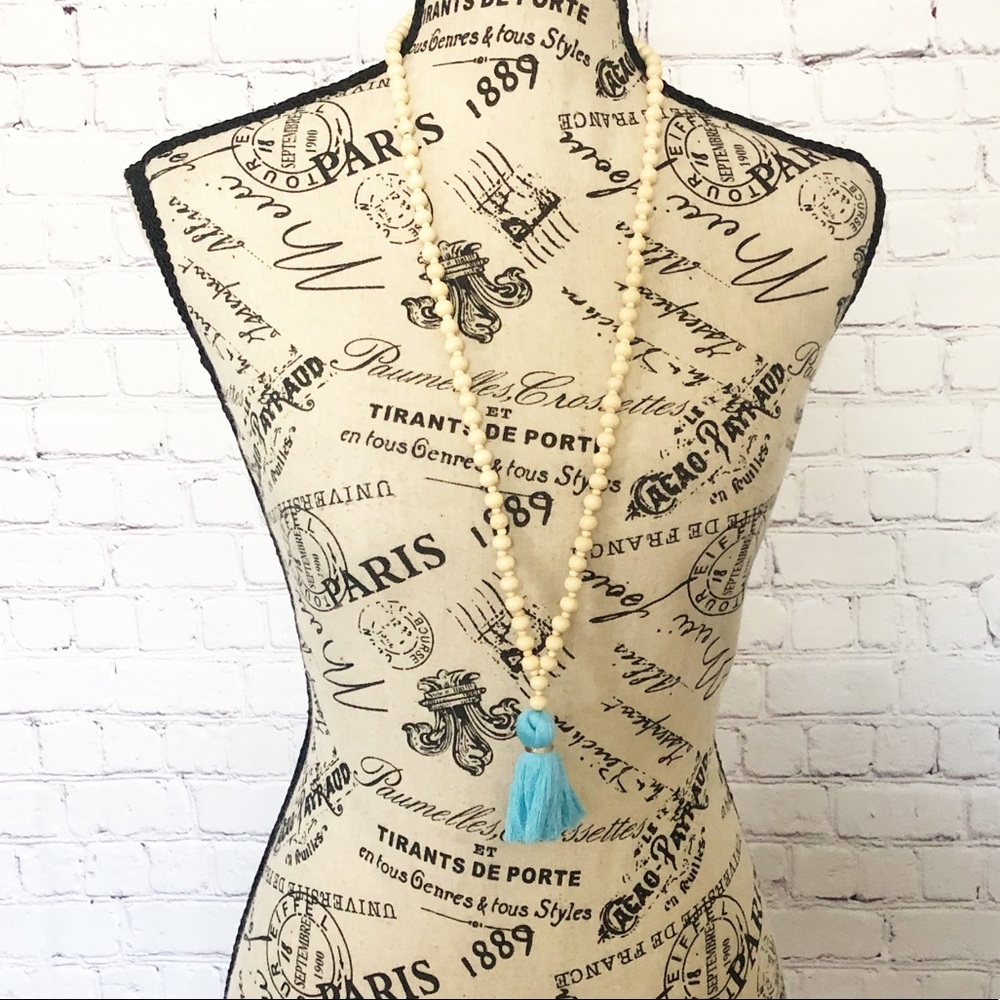 FINAL Price Wooden Turquoise Tassel Necklace - Picture 4 of 4